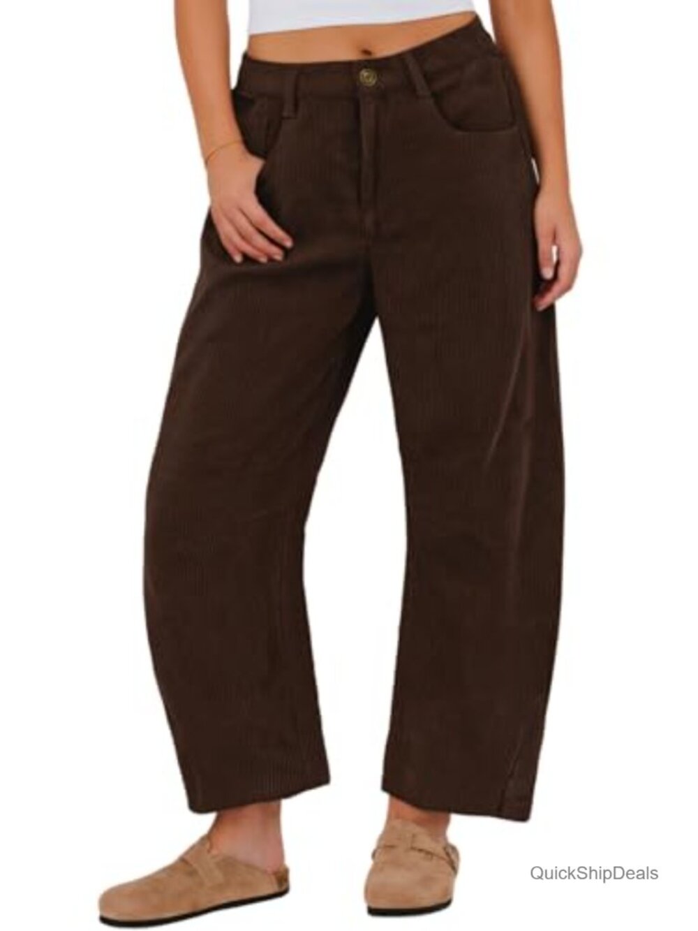 Corduroy Barrel Cropped Pants Mid-Rise Elastic Waist Wide Leg